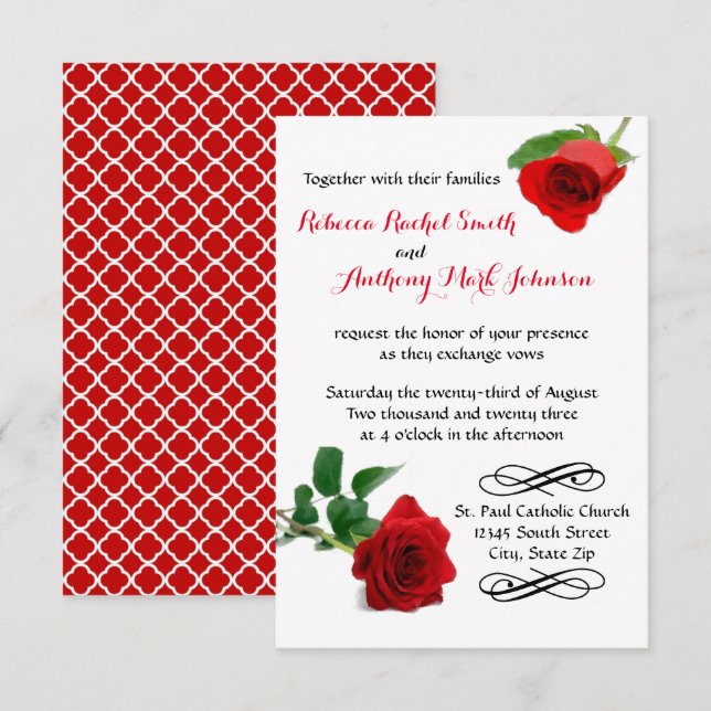 Invitación de boda de acuarela Rosa Roja - 3x5 (Anverso / Reverso)