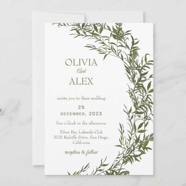 Invitación de boda de acuarela rústica con vegetac (Anverso)