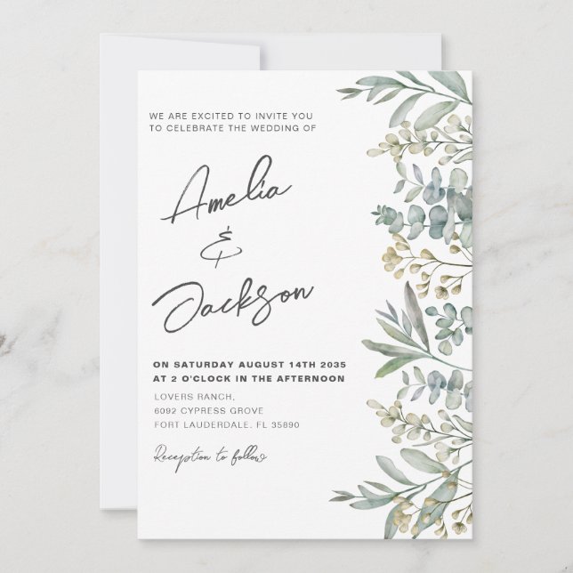 Invitación de boda de acuarela rústica de eucalipt (Anverso)