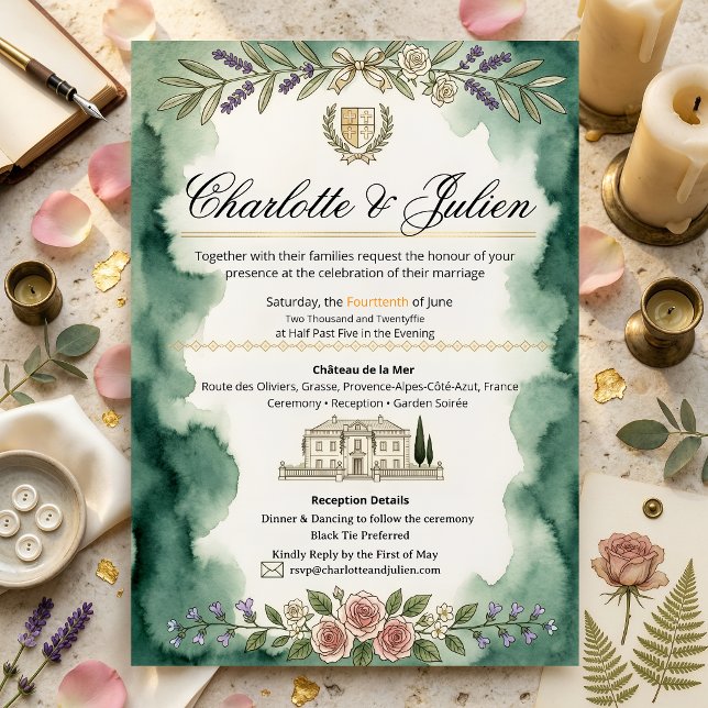Invitación de boda de acuarela verde Chateau Franc (Subido por el creador)