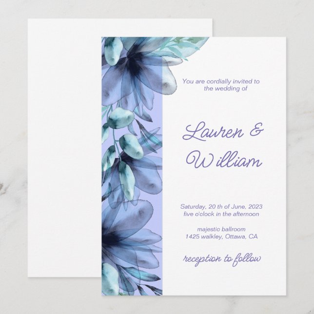 Invitación de Boda de acuarela violeta azul y polv (Anverso / Reverso)