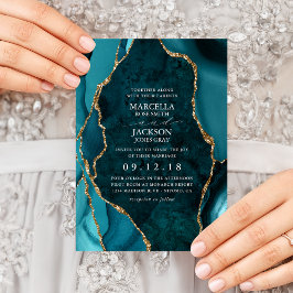 Invitación de boda de ágata de mármol verde y dora