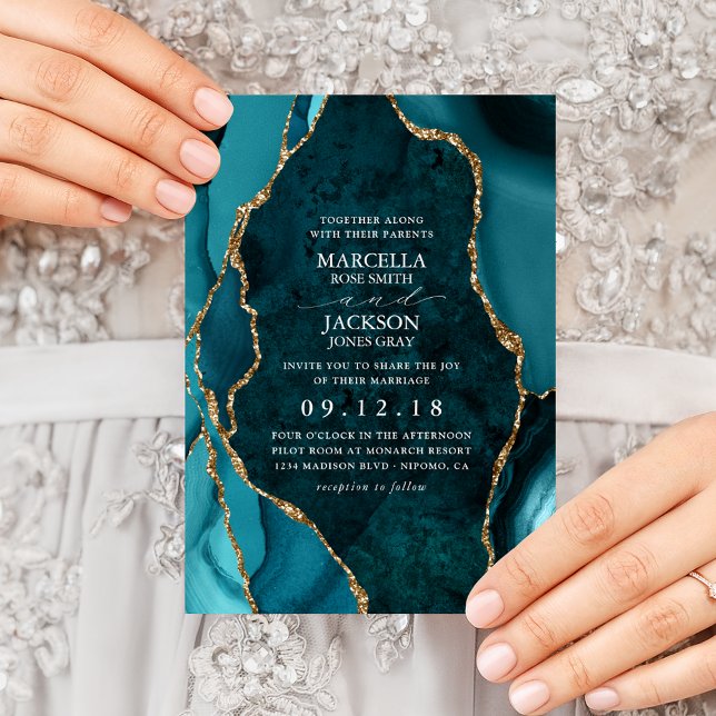 Invitación de boda de ágata de mármol verde y dora (Subido por el creador)