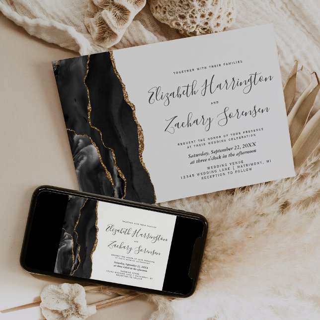 Invitación de Boda de Ágata de Oro Negro Moderno (Subido por el creador)