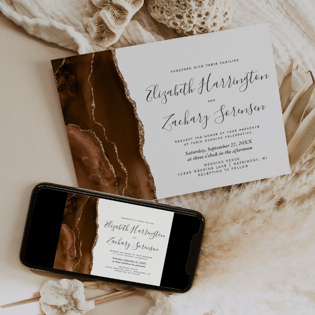 Invitación de boda de ágata dorada marrón Mocha (Subido por el creador)