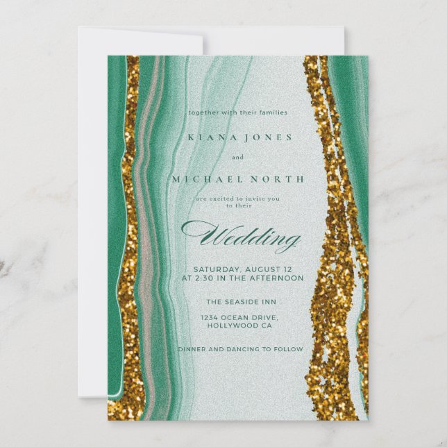 Invitación de boda de ágata dorada verde esmeralda (Anverso)