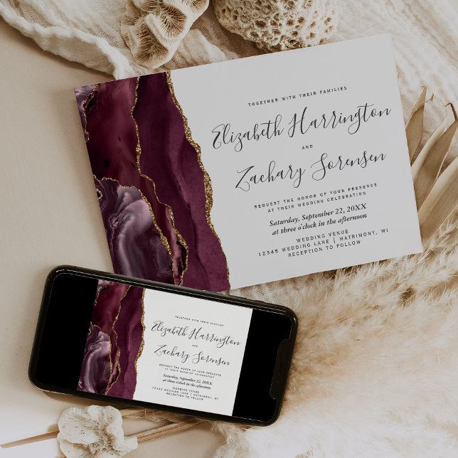 Invitación de boda de ágata dorada y borgoña moder (Subido por el creador)