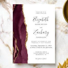 Invitación de boda de ágata dorada y borgoña moder