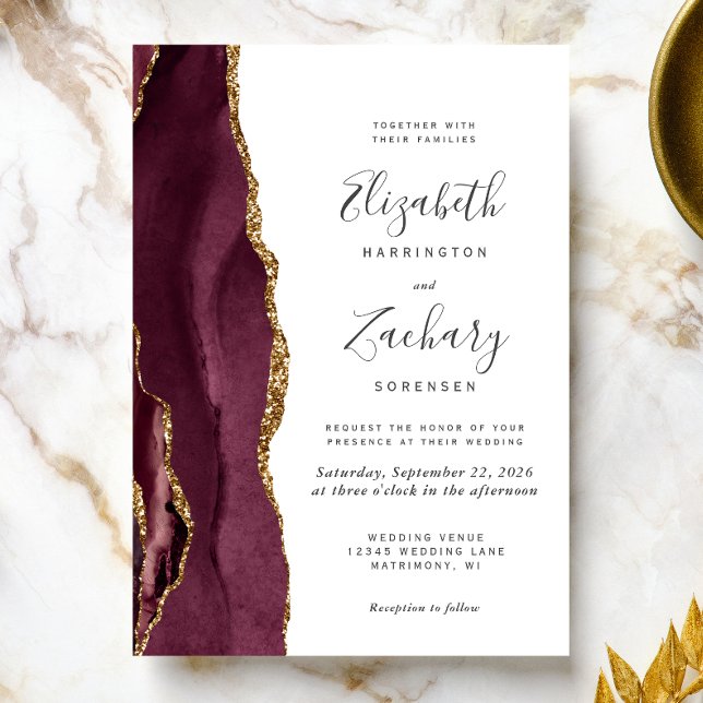 Invitación de boda de ágata dorada y borgoña moder (The perfect choice for a burgundy and gold themed wedding.)