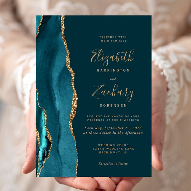 Invitación de boda de ágata dorada y turquesa oscu (Subido por el creador)