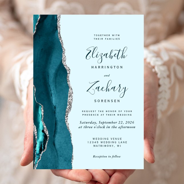 Invitación de boda de ágata plateada teal pálido m (Subido por el creador)