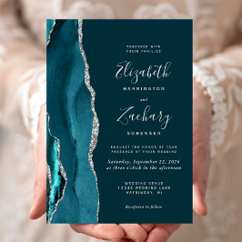 Invitación de boda de ágata plateada turquesa oscu