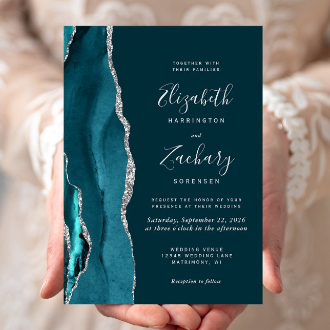 Invitación de boda de ágata plateada turquesa oscu (Subido por el creador)