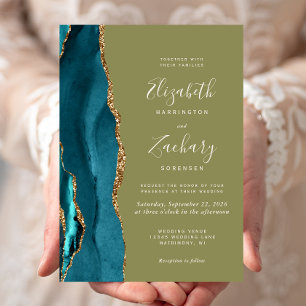 Invitación de boda de ágata verde oliva dorada tur