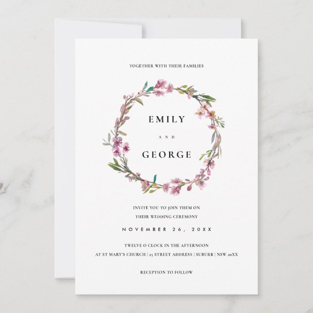 INVITACIÓN DE BODA DE AGUA DE PINK CHERRY BLOSSOM  (Anverso)