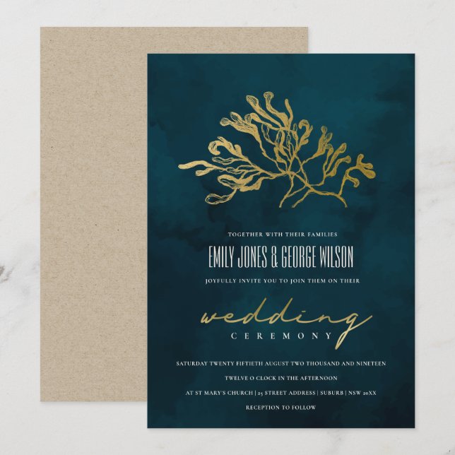 INVITACIÓN DE BODA DE AGUA SUBMARINA DE NAVY DE Re (Anverso / Reverso)
