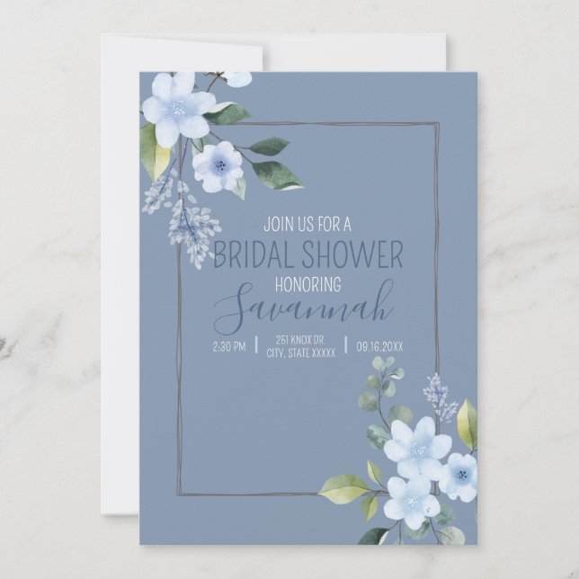 Invitación de boda de aguarela azul floral (Anverso)