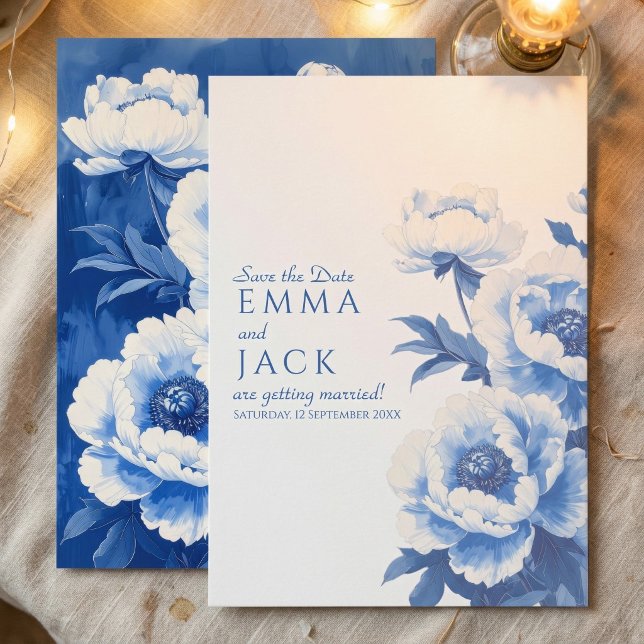 Invitación de boda de ahorro de fecha de Flor de P (Blue Peony Floral Save the Date Wedding Invitation)