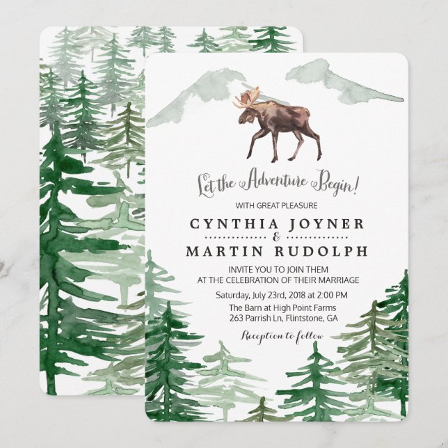 Invitación de boda de alce de árbol rústico (Anverso / Reverso)