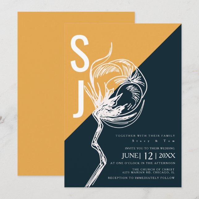Invitación de boda de algodón tipográfico de bloqu (Anverso / Reverso)