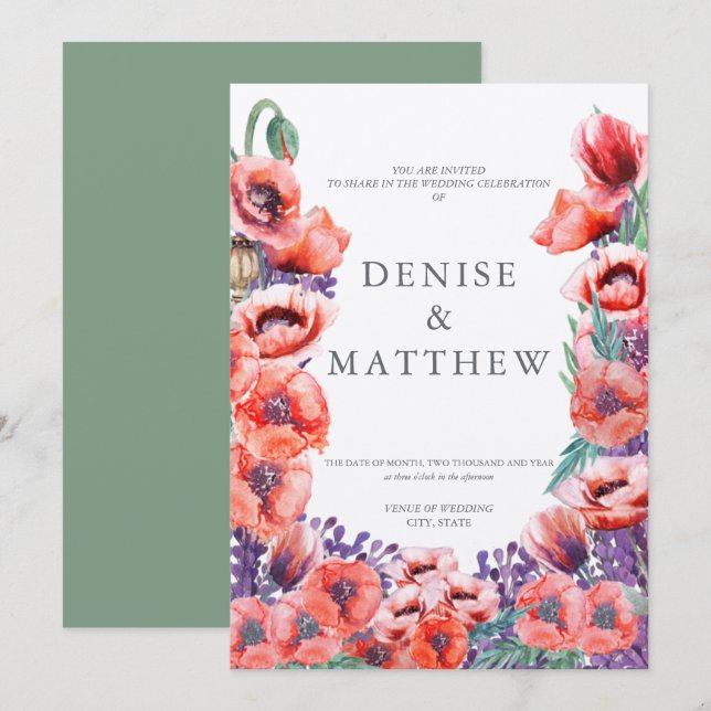 Invitación de boda de amapola con respaldo de alba (Anverso / Reverso)