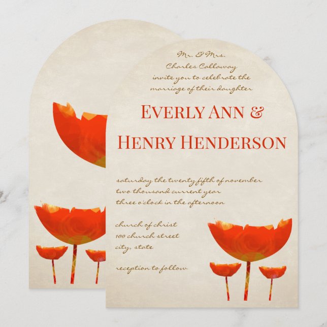 Invitación de boda de amapolas mariposas naranja A (Anverso / Reverso)