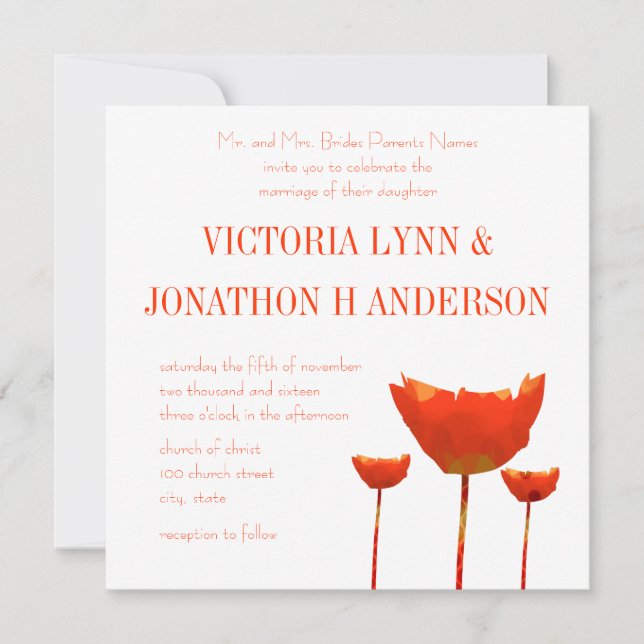 Invitación de boda de amapolas naranjas modernas (Anverso)