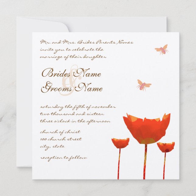 Invitación de boda de amapolas naranjas y abejas (Anverso)