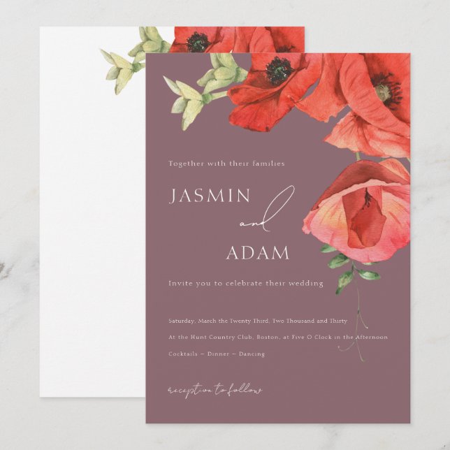 Invitación de boda de amapolas púrpuras y rojas (Anverso / Reverso)