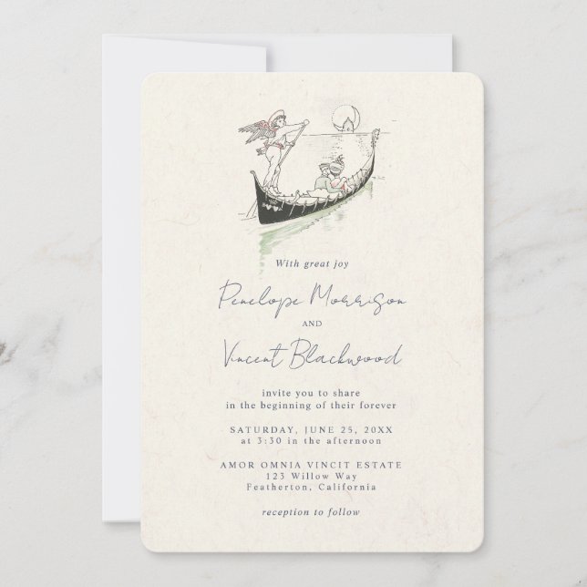 Invitación de boda de amor de Cupido y góndola vin (Anverso)