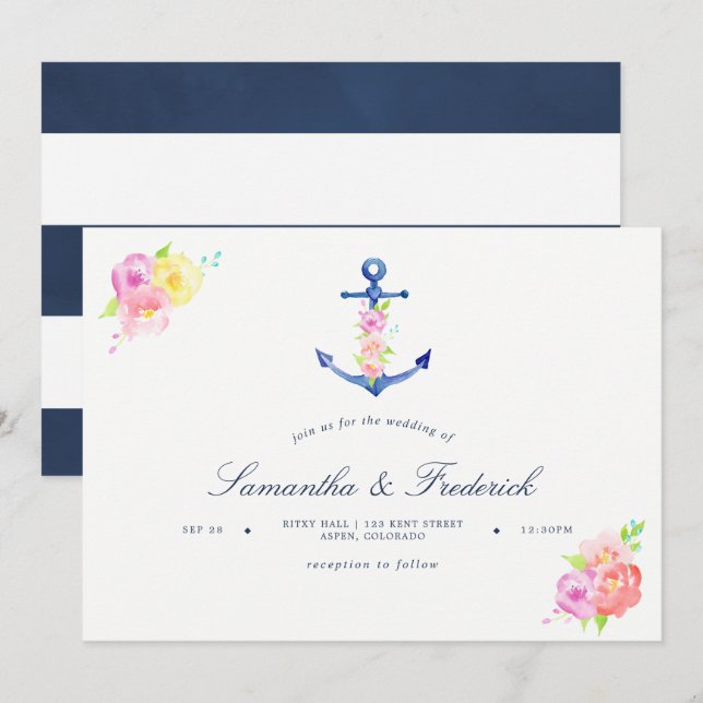 Invitación de boda de ancla con tema náutico de ac (Anverso / Reverso)