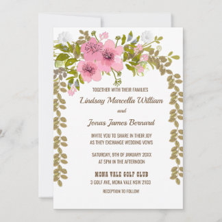 Invitación de boda de Anémona Rosa con Hojas Dorad