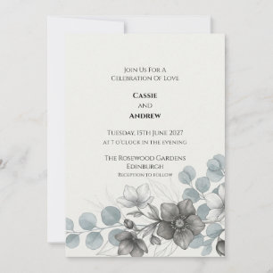 Invitación de boda de anemone azul gris eucalipto