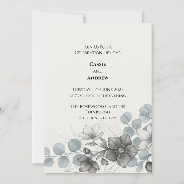 Invitación de boda de anemone azul gris eucalipto (Anverso)