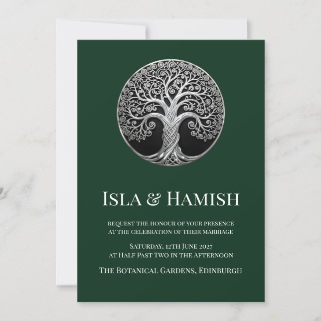 Invitación de boda de árbol celta verde bosque osc (Anverso)