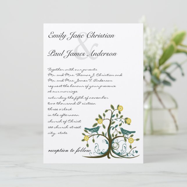 Invitación de boda de árbol de pájaro caprichoso a (Anverso de pie)