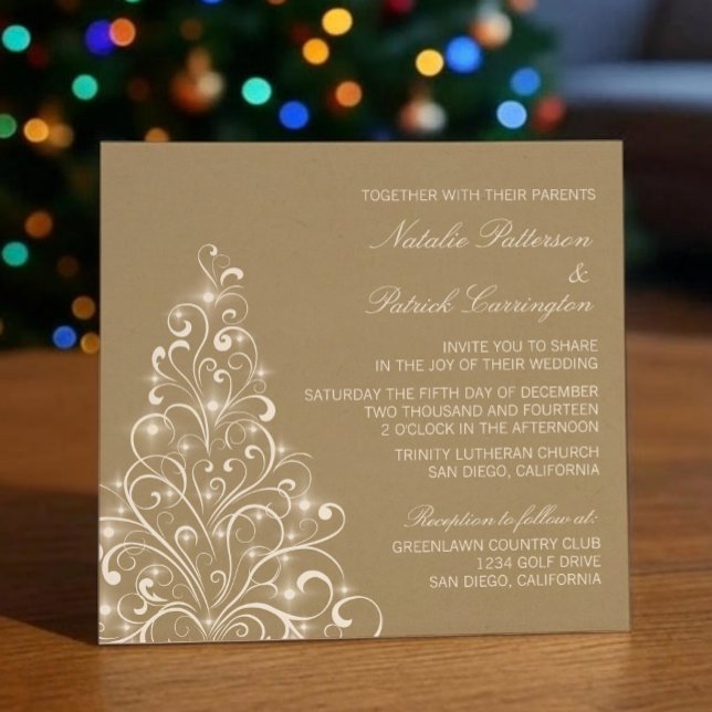 Invitación de boda de árbol de vacaciones espumoso (Latte Sparkly Holiday Tree Wedding Invitation)