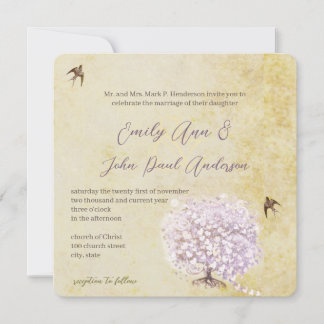 Invitación de boda de árbol púrpura hoja corazón v
