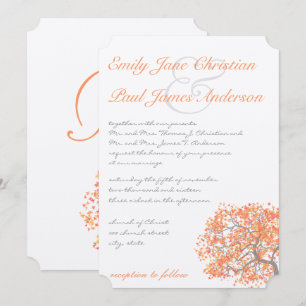 Invitación de boda de árbol romántico coral y gris