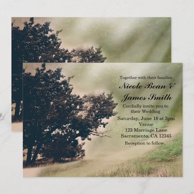 Invitación de boda de árbol y camino rural rústico (Anverso / Reverso)