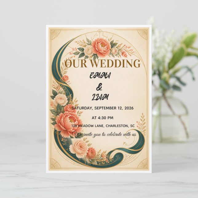 Invitación de boda de arco de cinta botánica de lu (Anverso de pie)