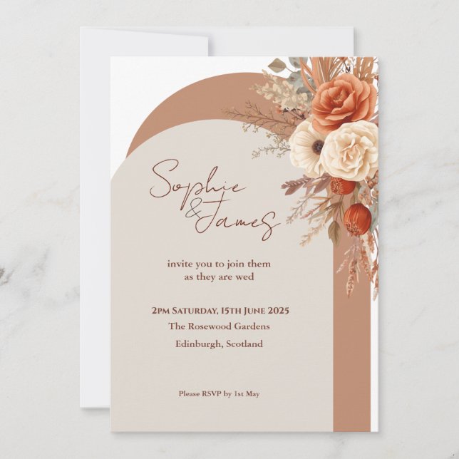 Invitación de boda de arco floral de terracota óxi (Anverso)