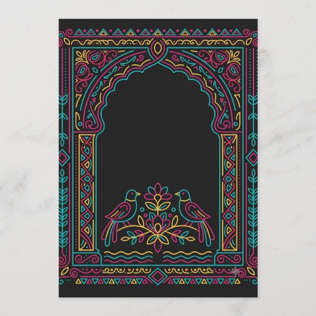 Invitación de boda de arco real mogol con dos pája (Anverso)