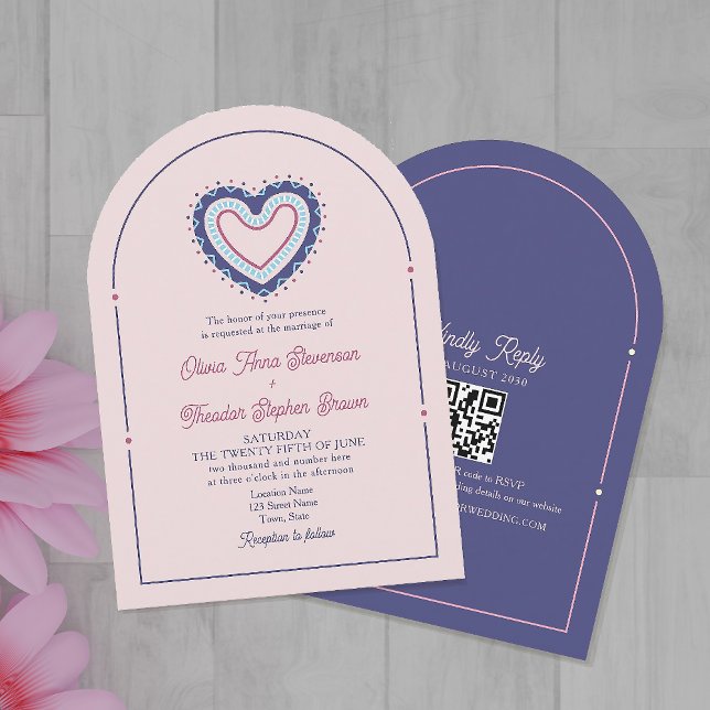 Invitación de boda de arco rosa y azul retro + QR (Subido por el creador)