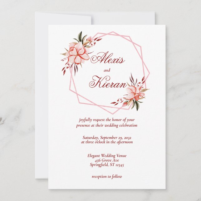 Invitación de boda de aro geométrico Coral y Rubor (Anverso)