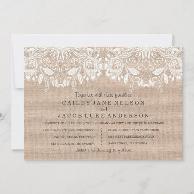 Invitación de boda de arpillera y encaje (Anverso)