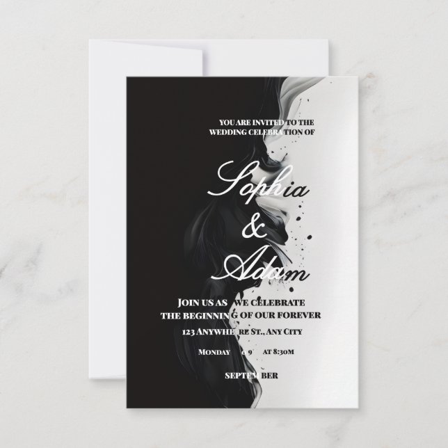 Invitación de boda de arte con tinta negra y blanc (Anverso)