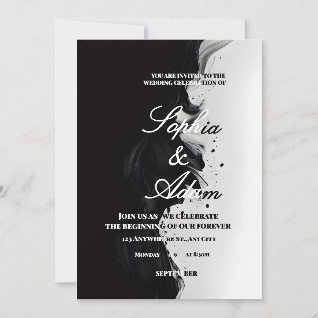 Invitación de boda de arte con tinta negra y blanc (Anverso)
