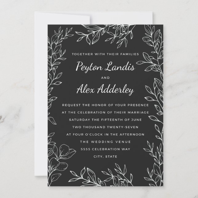 Invitación de boda de arte de línea botánica en bl (Anverso)