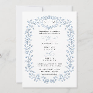 Invitación de boda de arte de línea floral azul po